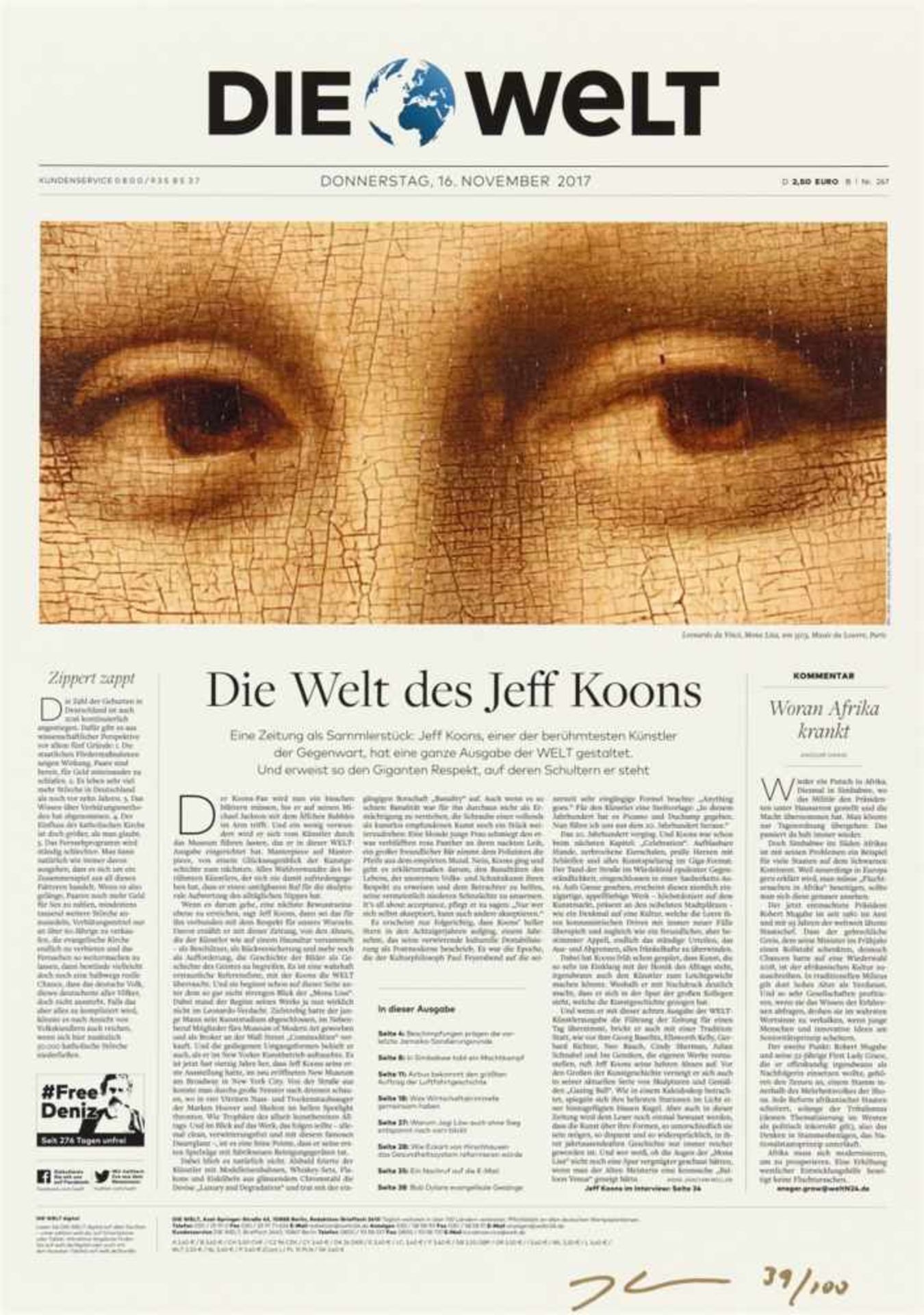 Jeff KoonsDie Welt NewspaperFarbiger Digitaltintenstrahldruck auf Karton. 57,5 x 40,5 cm. Signiert