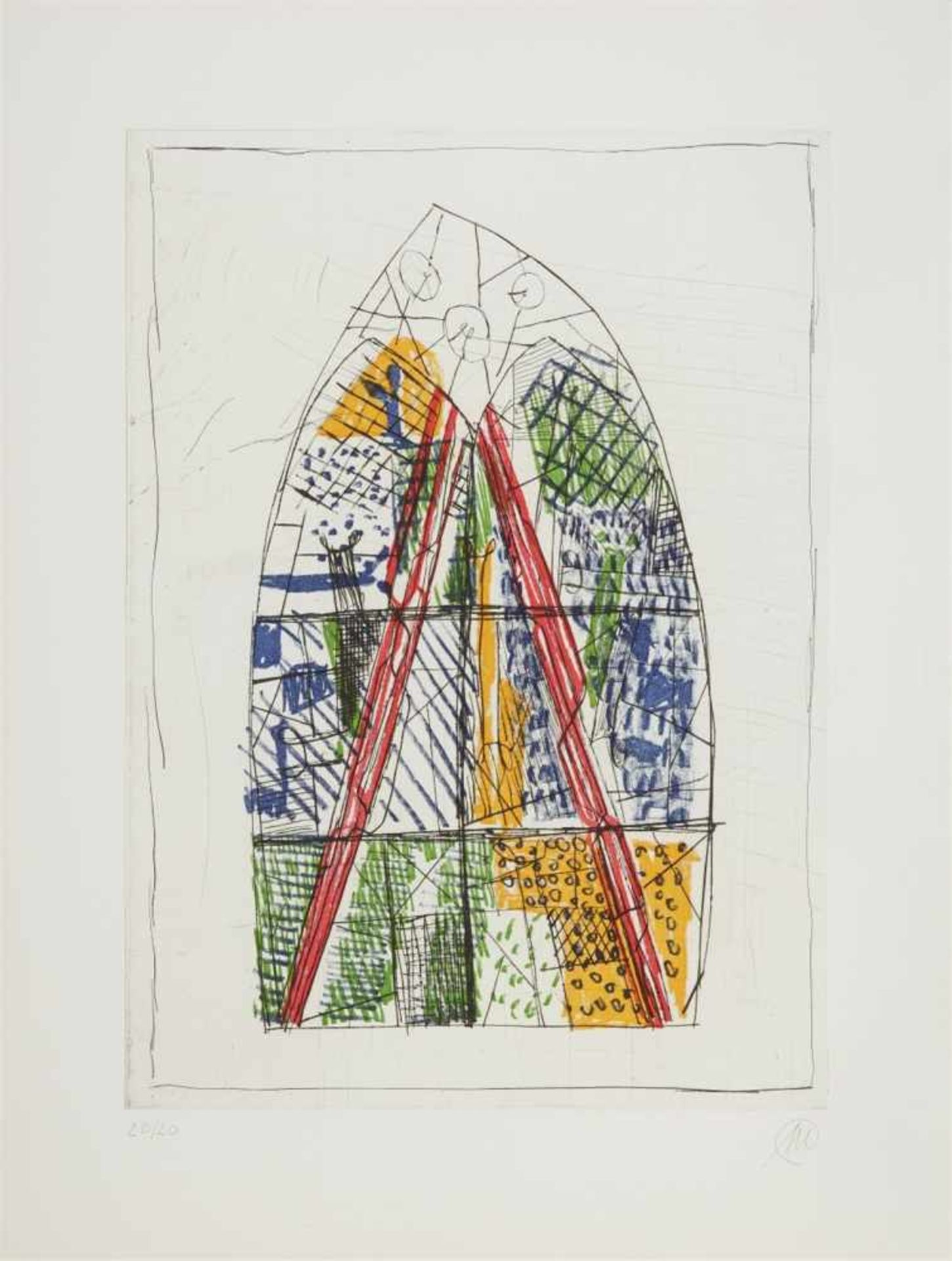 Markus LüpertzUntitled (Window)Colour etching on card. 90 x 68 cm. Framed under glass. Monogrammed