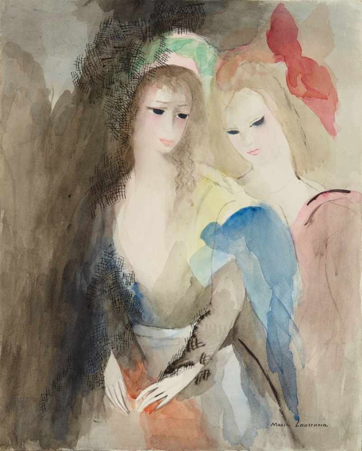 Marie LaurencinDeux jeunes filles, mantille et noeud rougeAquarell, Bleistift und Tusche auf