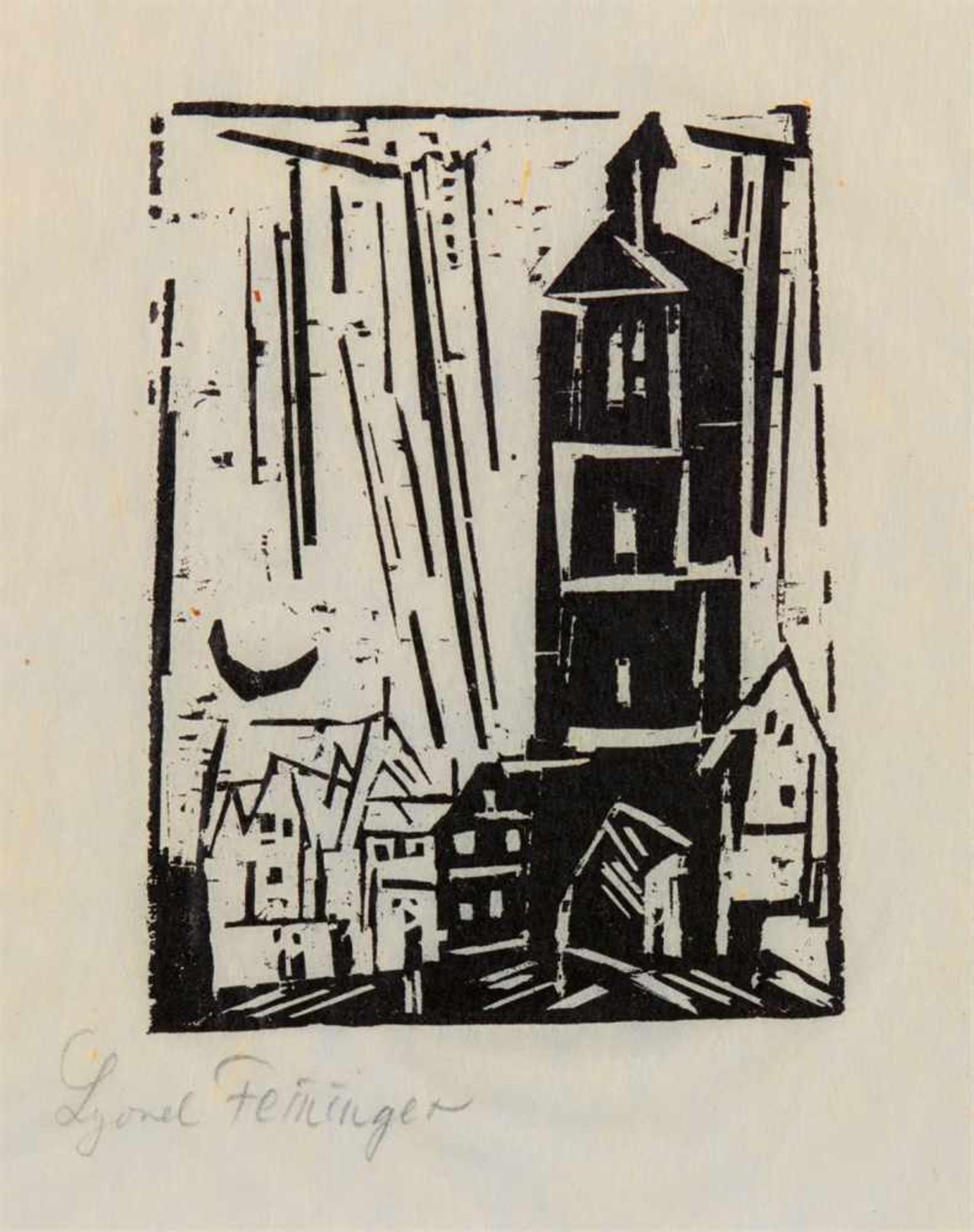 Lyonel FeiningerBuildings with Crescent Moon (Gebäude mit Mondsichel)Original-Holzschnitt auf