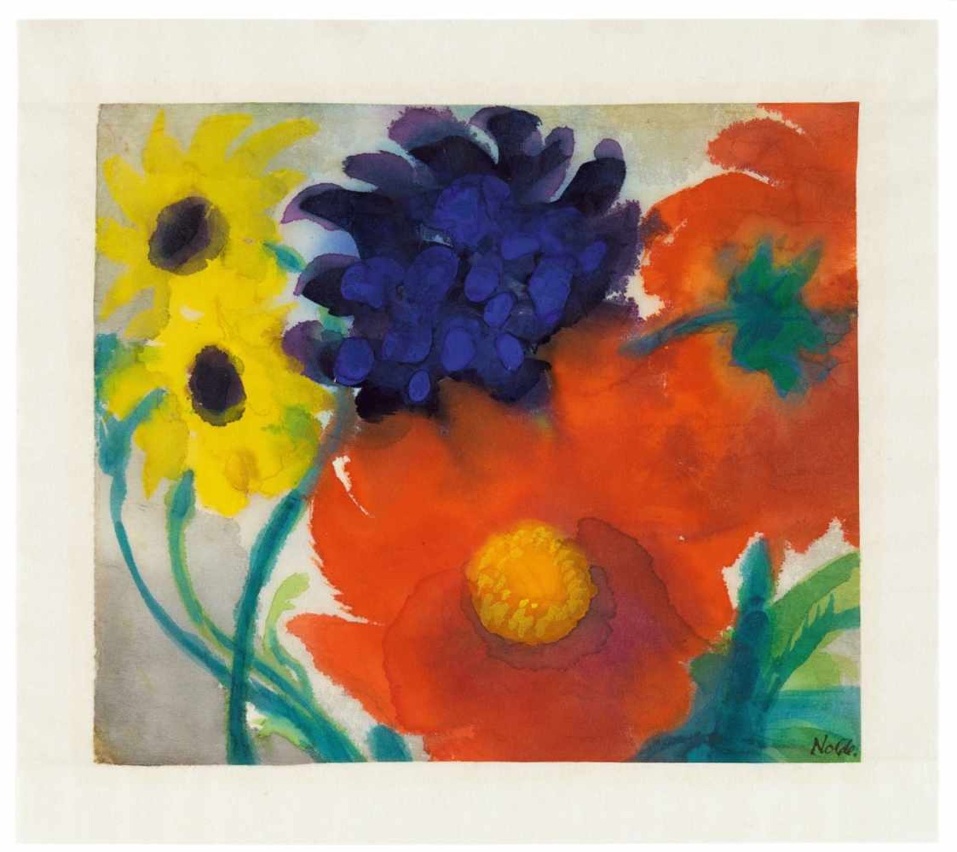 Emil NoldeRote, blaue und gelbe BlumenAquarell auf dünnem Japanpapier. 22,7 x 26/26,7 cm. Unter Glas