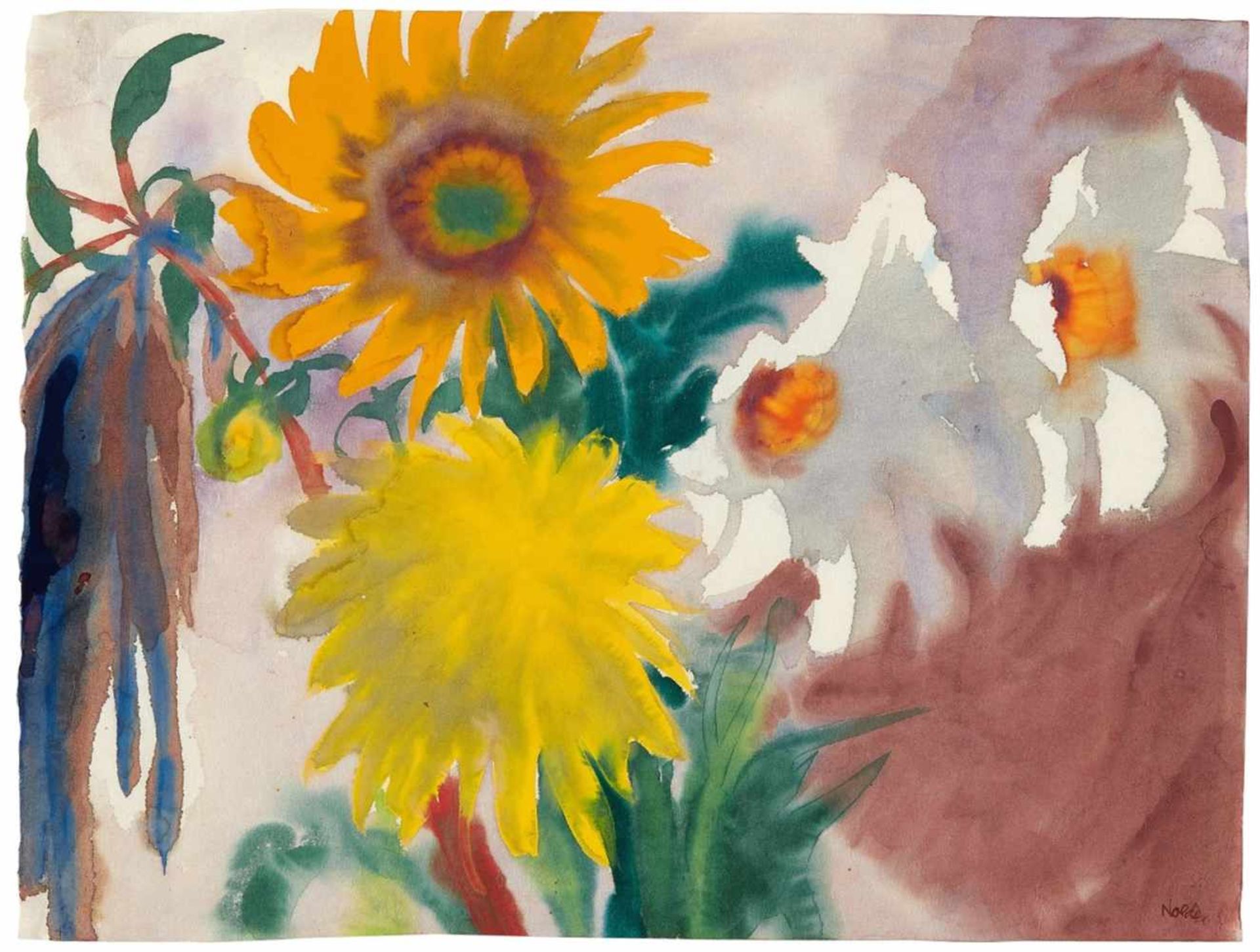 Emil NoldeSonnenblume und gelbe DahlienblüteAquarell auf dünnem Japanbütten. 35,4 x 46,9 cm. Unter