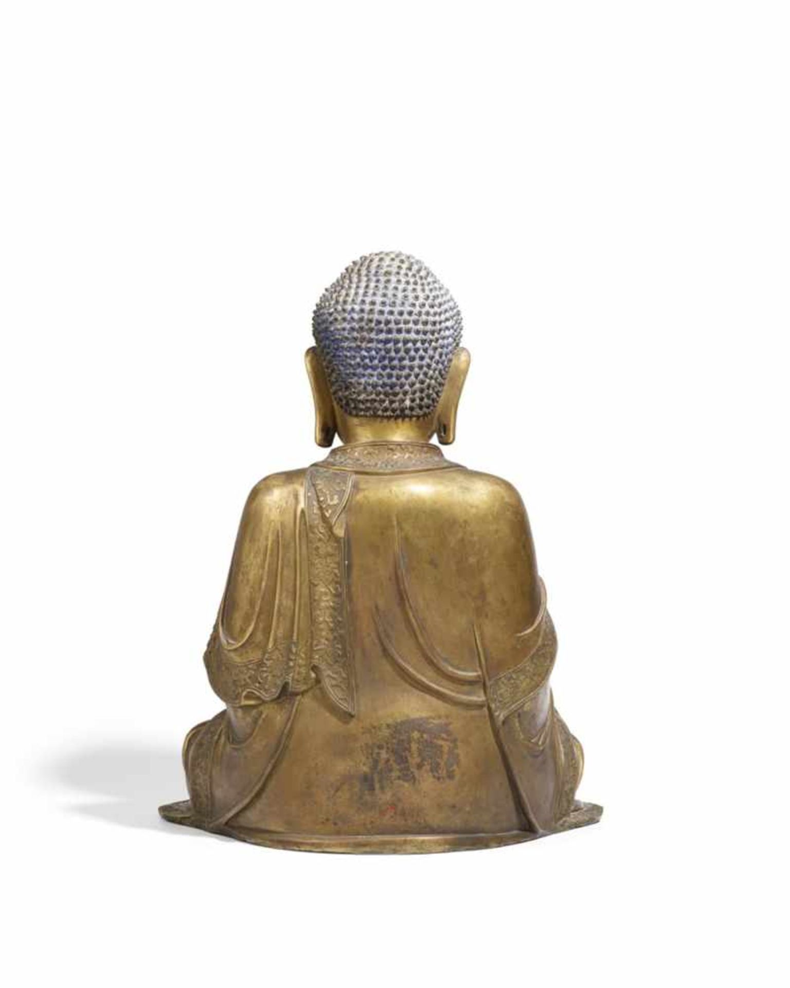 Großer Buddha Shakyamuni. Bronze, vergoldet. Ming-Zeit, 17. Jh.Im Meditationsitz, die rechte Hand in - Bild 2 aus 3