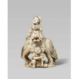 An ivory netsuke of a resting peasant woman. Mid-19th centurySitting on a saddled horse smoking a