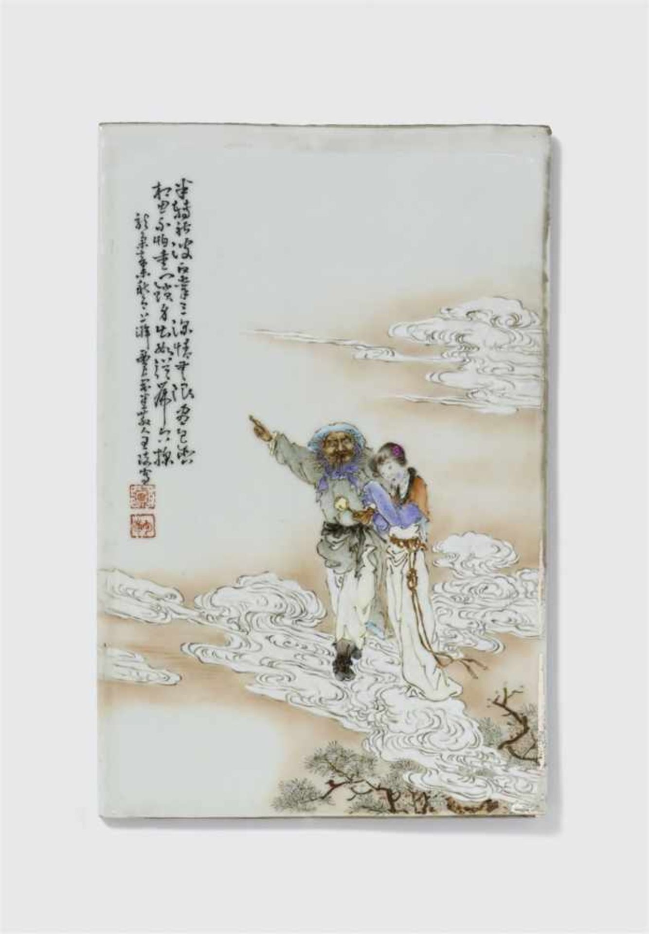 Fencai-Porzellanplatte mit Zhong Kui. Datiert 1931Hochrechteckige Platte, dekoriert in polychromer