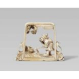 An interesting ivory netsuke of a Kakkyô. 19th centuryCarved in openwork within the frame of a