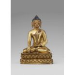 Buddha Shakyamuni/Vajrasana. Feuervergoldete Bronze. Tibet. 17. Jh.Auf einem feinblättrigen
