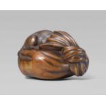 A large boxwood netsuke of a rat. Second half 19th centurySitting on a large bag and trying to get