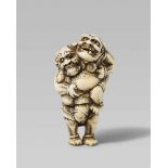A good and amusing ivory netsuke of two wrestling onis. Early 19th centuryThe heavy-set oni stands