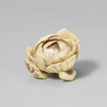 A small ivory netsuke of a peony blossom. Second half 19th centuryAttached to a branch with two