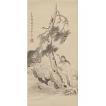 Feng Xiang undNach Wang Hui . Qing-ZeitDrei Hängerollen. a) Mann mit Stab unter Kiefer. Tusche auf