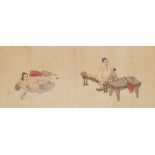 Anonymer Maler . Späte Qing-ZeitZwölf erotische Darstellungen. Querrolle. Tusche und Farben auf
