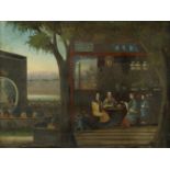 Anonymer Maler . 19. Jh.Interieur mit zwei Damen und einem Herrn beim Essen und eine Dienerin. Öl
