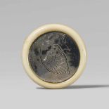 A kagamibuta of Okame, by Kômin. Mid-19th centuryThe disc of rôgin engraved with Okame with a