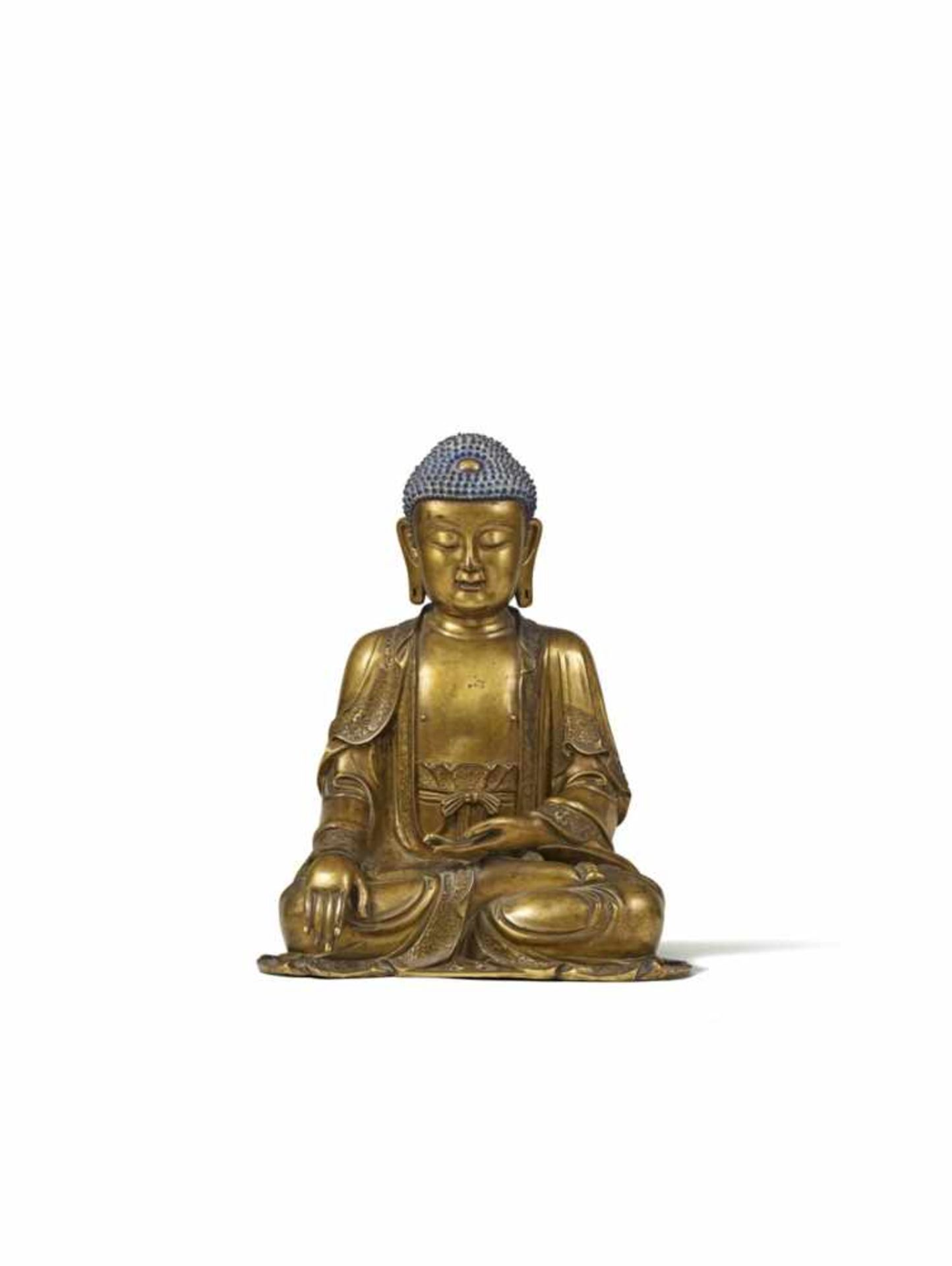Großer Buddha Shakyamuni. Bronze, vergoldet. Ming-Zeit, 17. Jh.Im Meditationsitz, die rechte Hand in
