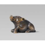 A wood netsuke of a boar, by Shinzan. Mid-20th centuryRecumbent with one foreleg slightly raised,