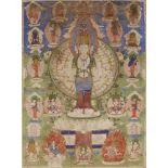 Thangka des elfköpfigen und tausendarmigen Avalokiteshvara. Tibet. Um 1900Der bodhisattva der