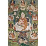 Thangka eines dalai lamas. Tibet. 18./19. Jh.Auf einem mit Brokat bezogenen Thronsitz in vajrasana