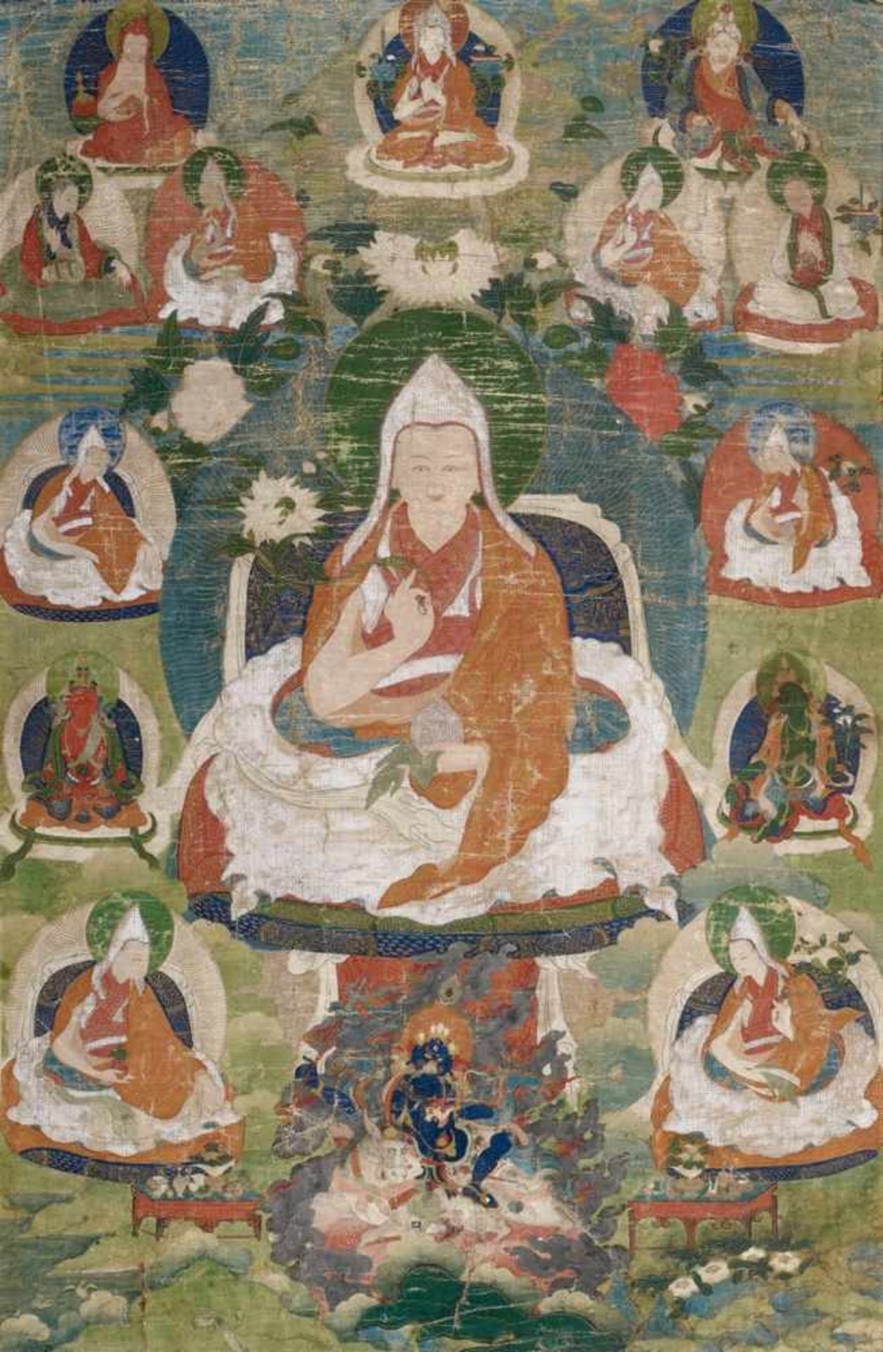 Thangka eines dalai lamas. Tibet. 18./19. Jh.Auf einem mit Brokat bezogenen Thronsitz in vajrasana