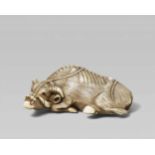 A good ivory netsuke of a recumbent ox. Early 19th centuryLying with legs folded beneath, the head