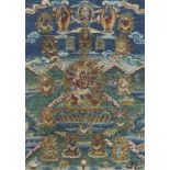 Thangka des Heruka. Tibet. Um 1900Der furchterregende yidam mit drei Gesichtern, sechs Armen und