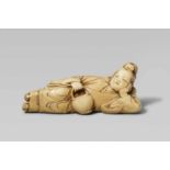 A good ivory netsuke of a reclining servant of Seiôbô. 18th centuryThe head propped up on her left