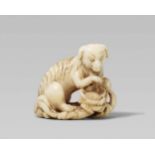 An ivory netsuke of a long-haired dog. Early 19th centurySitting on its hind legs on a branch with
