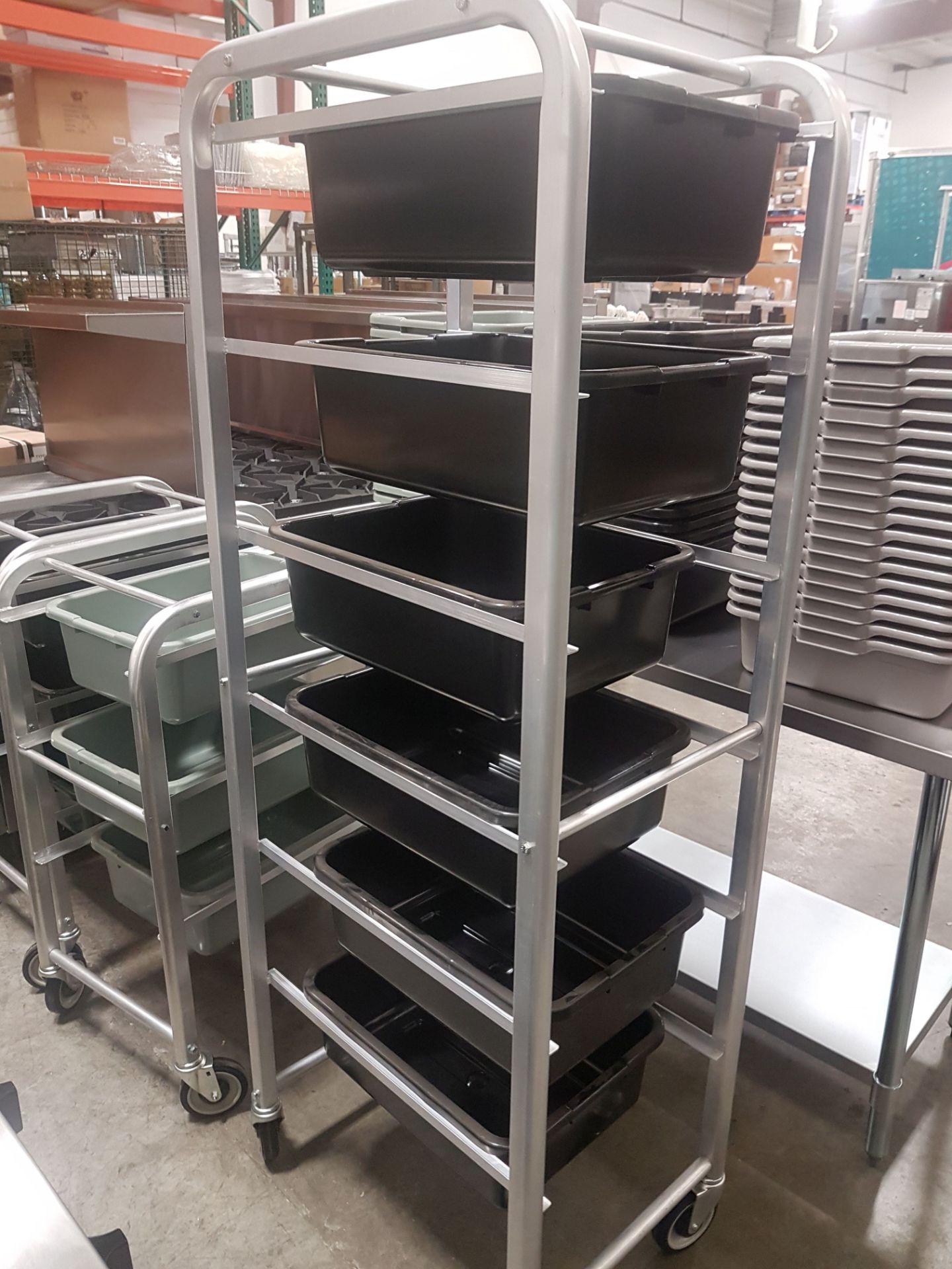 Rolling Aluminum Tote Rack with 6 Black Tote Bins - 70" High