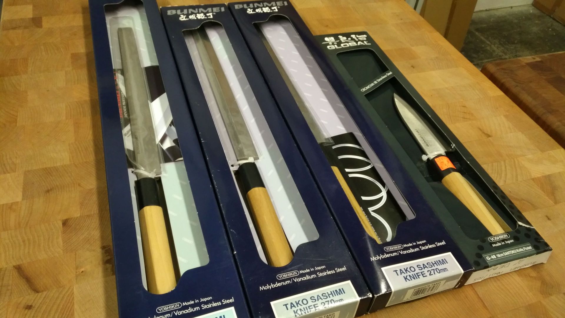 10.5" Tako Sashimi Knives (x3), 4" (18cm) Deba Knife - Lot of 4 Knives