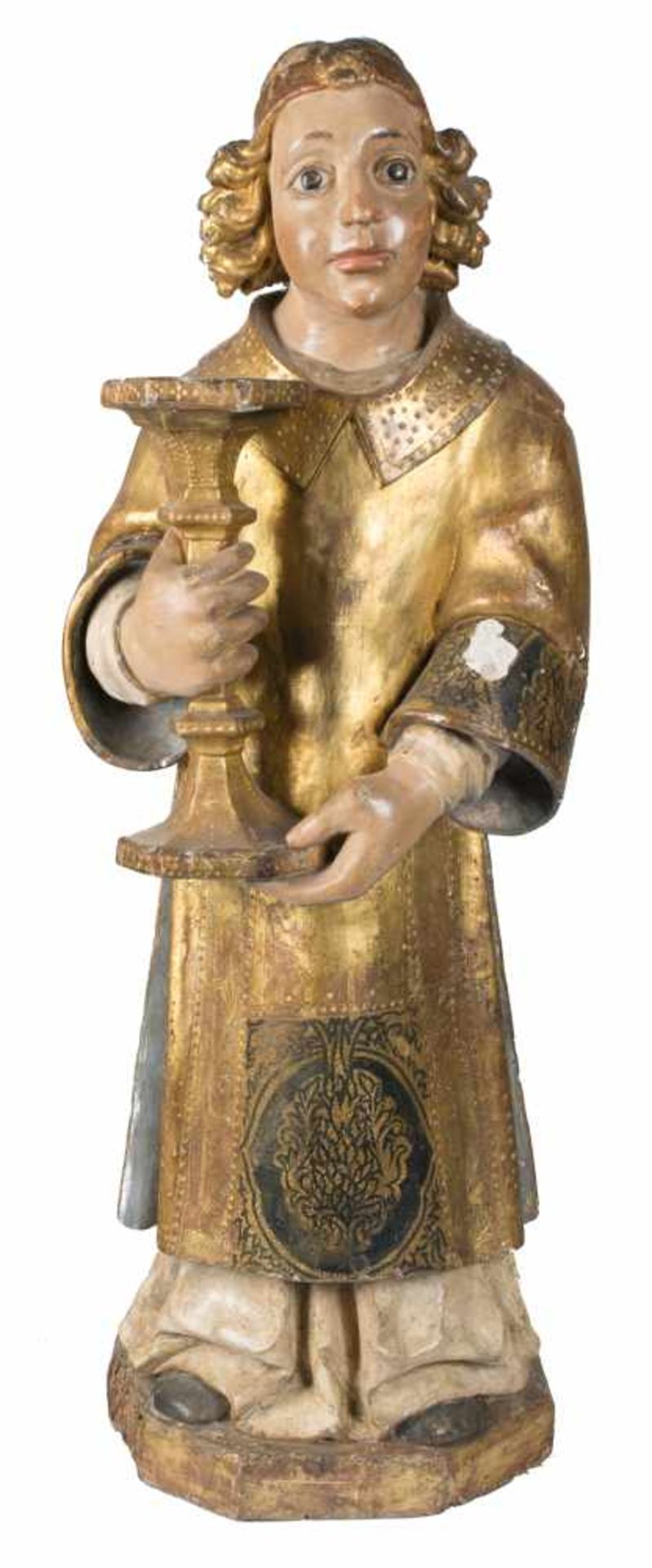 "Candle-bearing angel" Carved, gilded and polychromed wooden sculpture. Rioja or Navarra School.