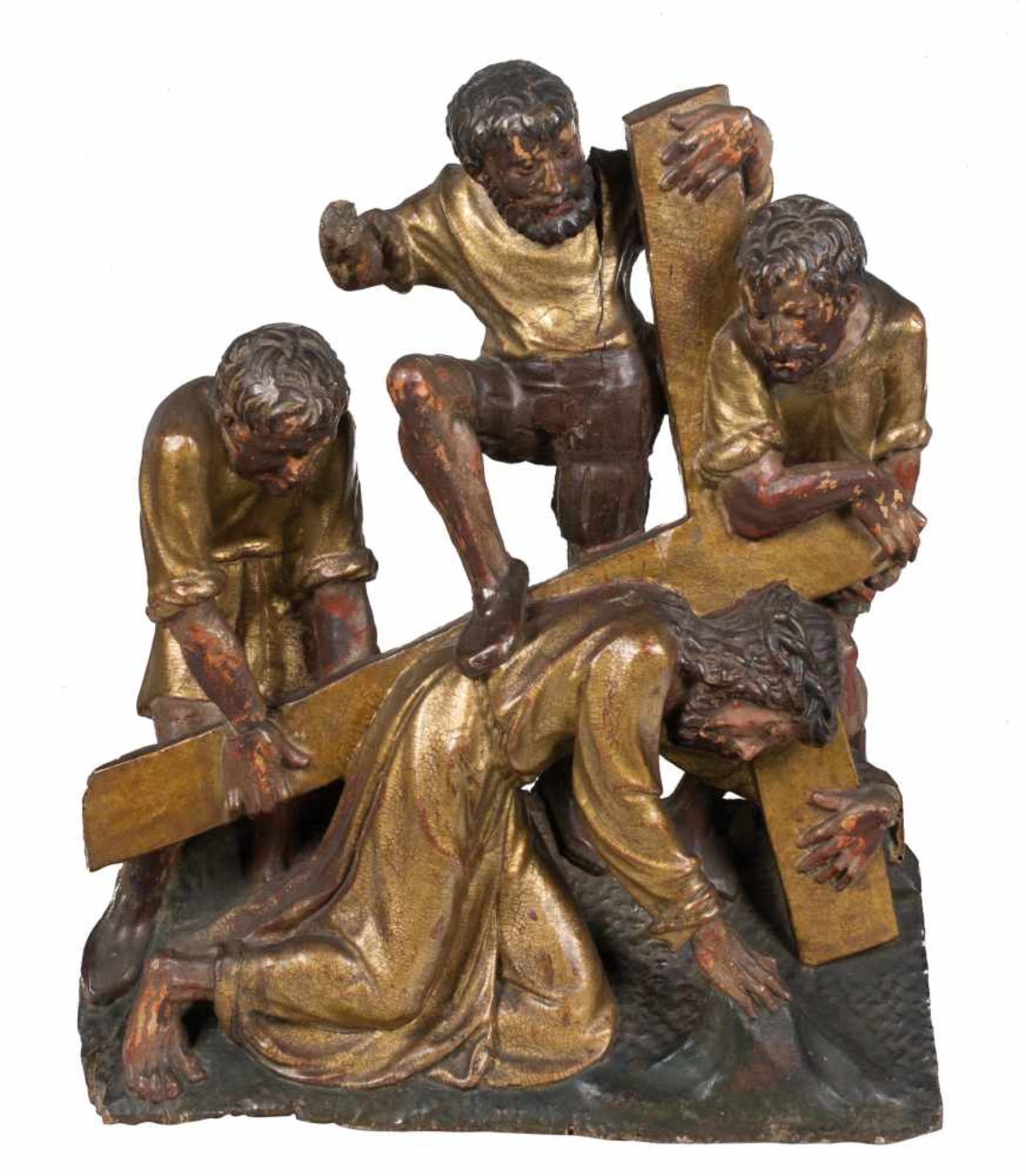 Carved, gilded and polychromed wooden sculptural group. Castilian School. Circa 1500.↵↵The scene