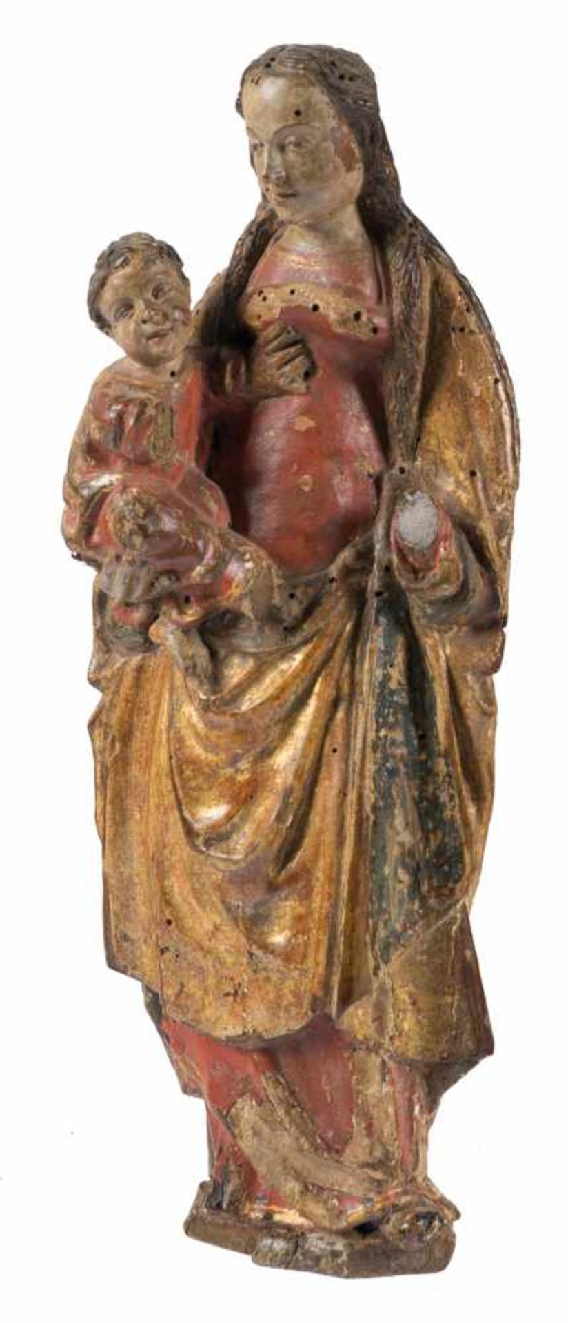 "Virgin with Child". Carved, polychromed and gilded wooden sculpture. Mechelen. Circa 1500.↵↵The