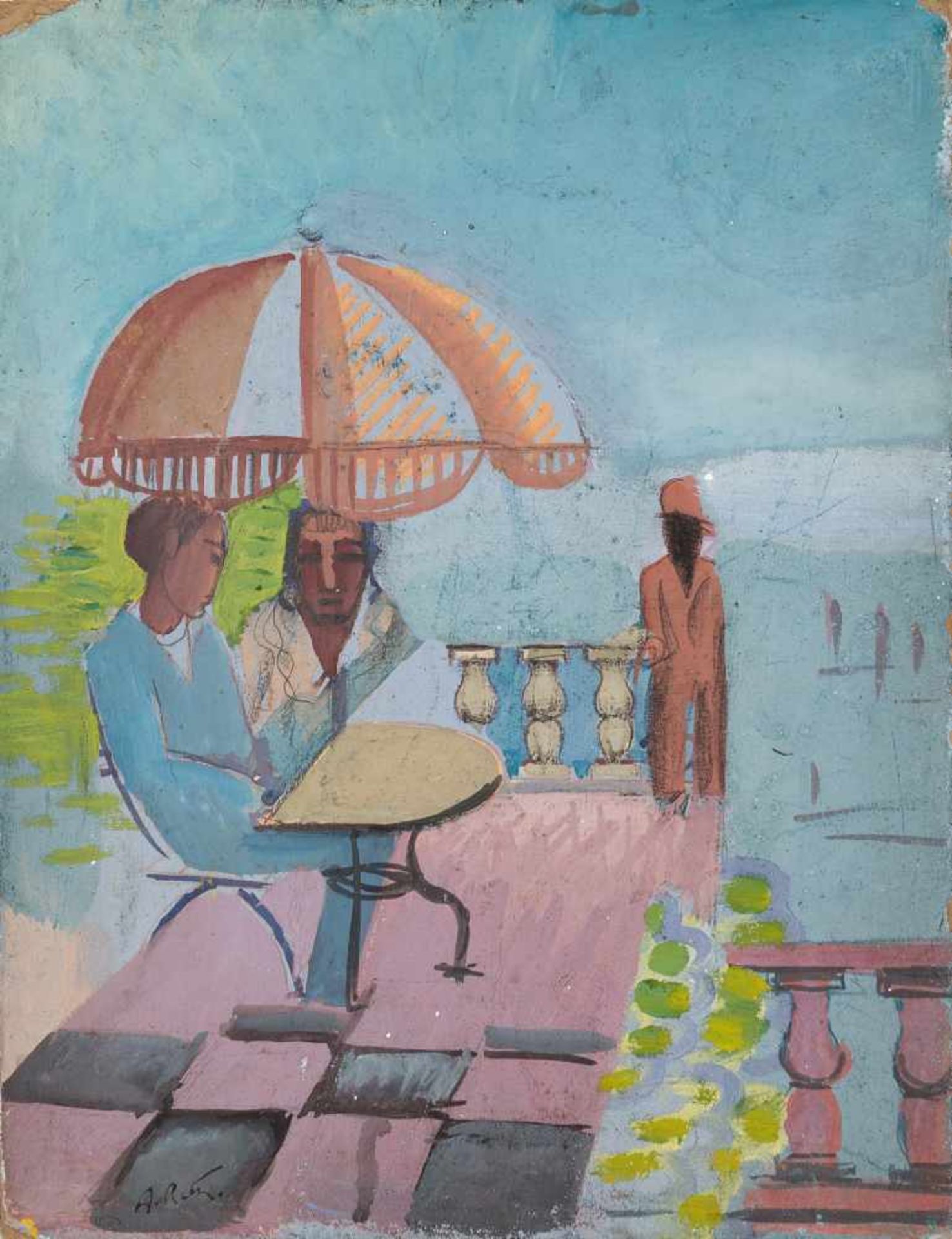 Alfred Reth (Budapest, 1884 - Paris, 1966) "Personnages sur la terrasse" Oil on cardboard. Signed