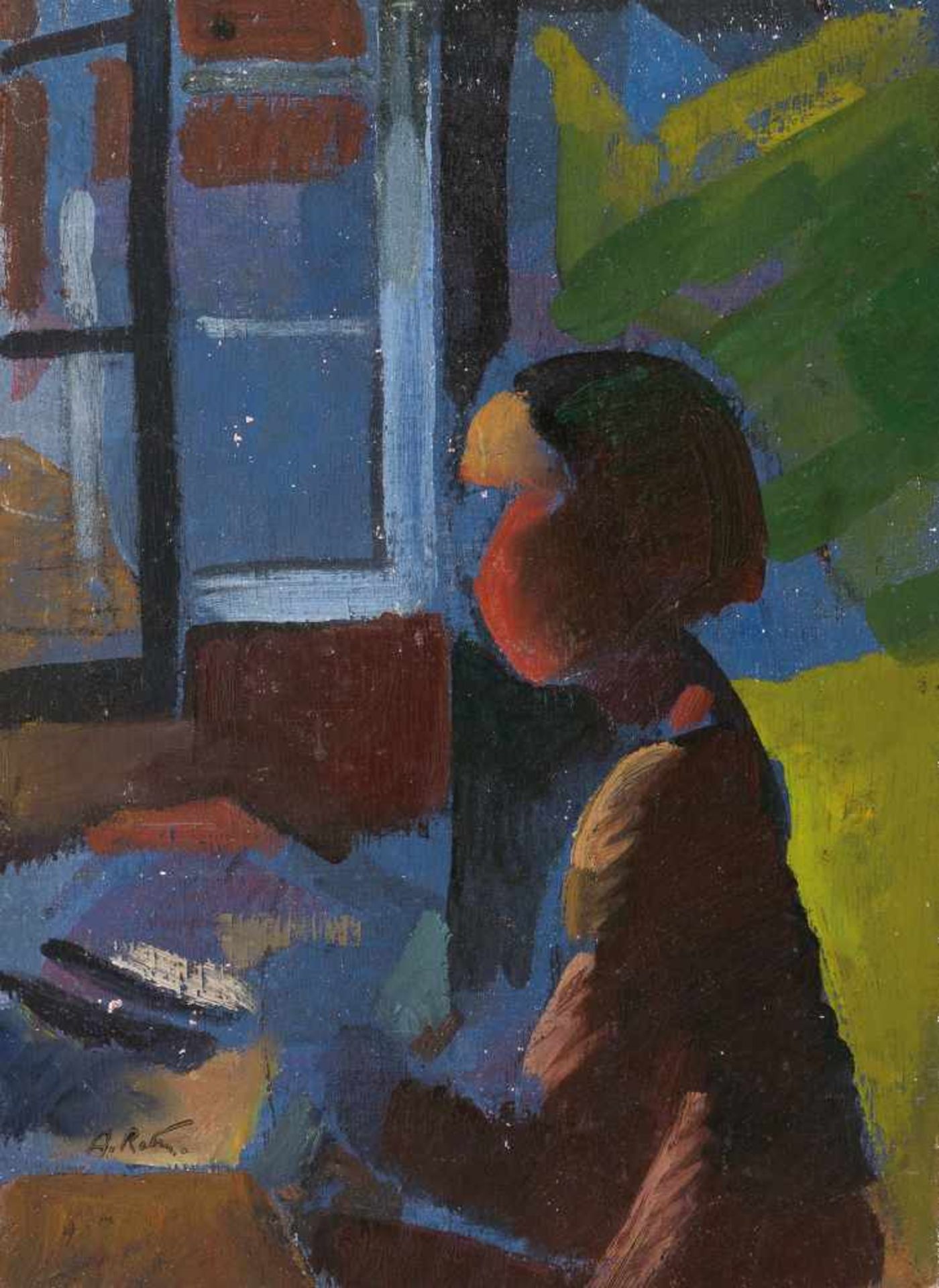 Alfred Reth (Budapest, 1884 - Paris, 1966) "Interior with girl" Oil on panel. Signed with a stamp.