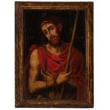 16th century Hispanic Flemish School. "Ecce-Homo" Oil on panel. In its carved wooden [...]