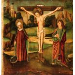 Valencian School. 15th Century. "Calvary" Oil on panel. 86 x 84 cm. -