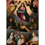 16th century Hispanic Flemish School. "The Coronation of Virgin Mary" Oil on copper. [...]