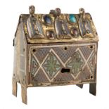 Reliquary chest made of engraved, gilded copper with champlevé enamel, cabochons and [...]