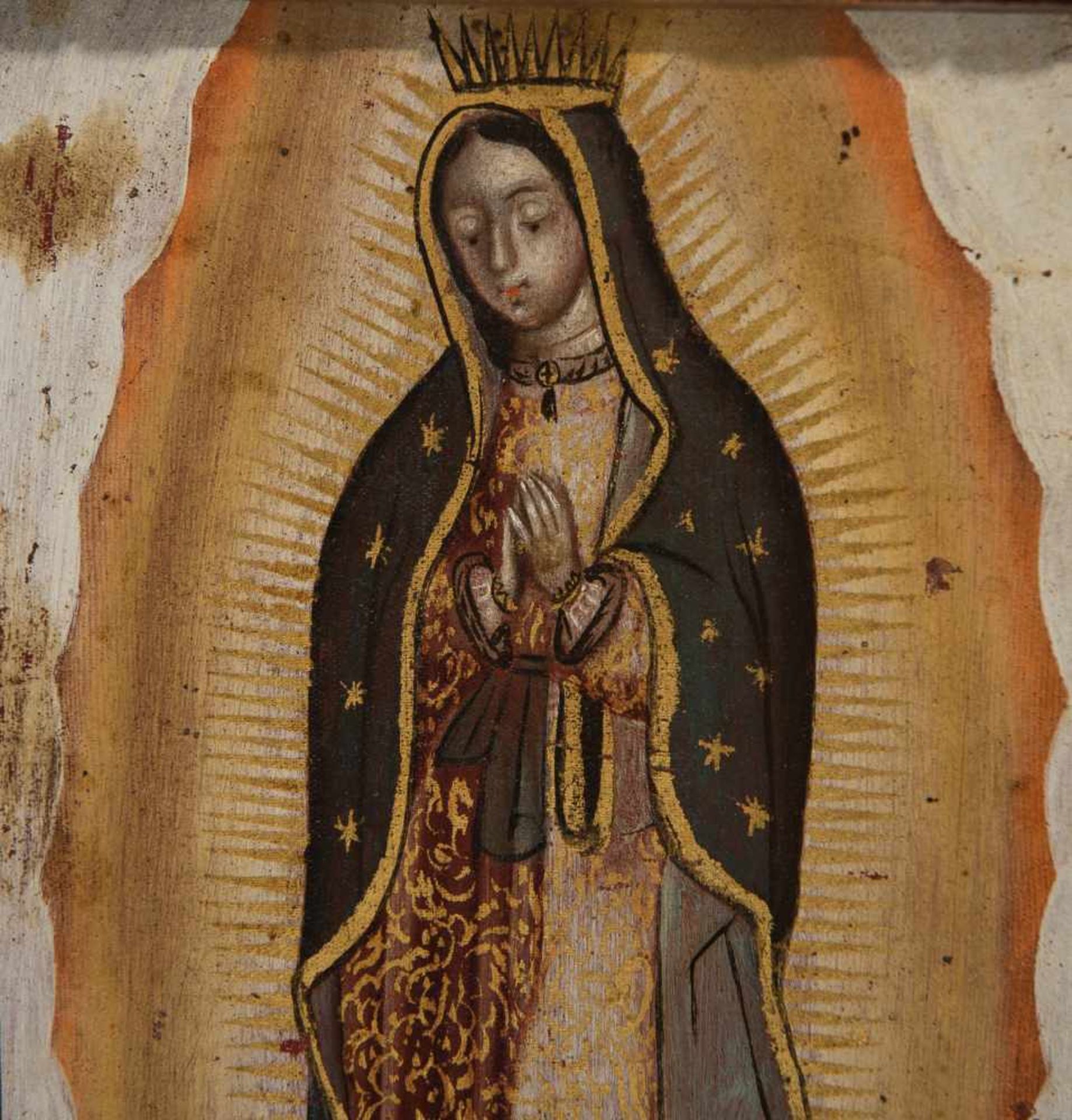 18th century Colonial School"Our Lady of Guadalupe"Oil on canvas stuck to a panel. Carved period - Image 2 of 3