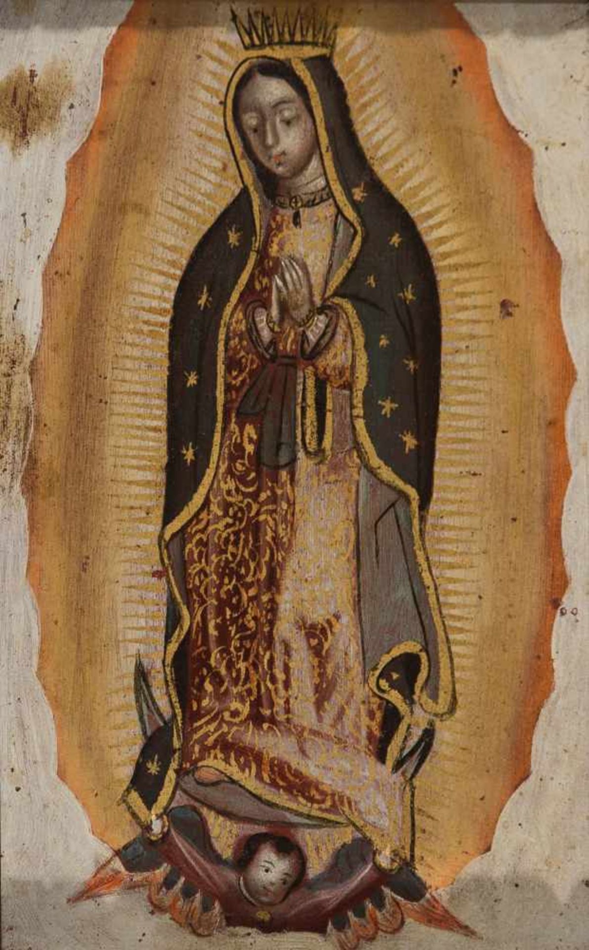 18th century Colonial School"Our Lady of Guadalupe"Oil on canvas stuck to a panel. Carved period