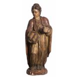 Evangelist. Carved and polychromed wooden sculpture. Renaissance. Late 16th century.The right hand