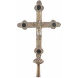 Gilded and embossed copper wooden processional cross. Gothic. 13th-14th century. A bronze figure