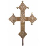 Large gilded, chased and embossed copper processional cross with wooden base. Italy. Probably