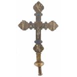 Large gilded copper processional cross with its shaft and affixed figures with champlevé enamels.