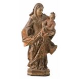 Saint Anne and the Virgin Mary Carved wooden sculpture with polychrome residue. Baroque. 17th