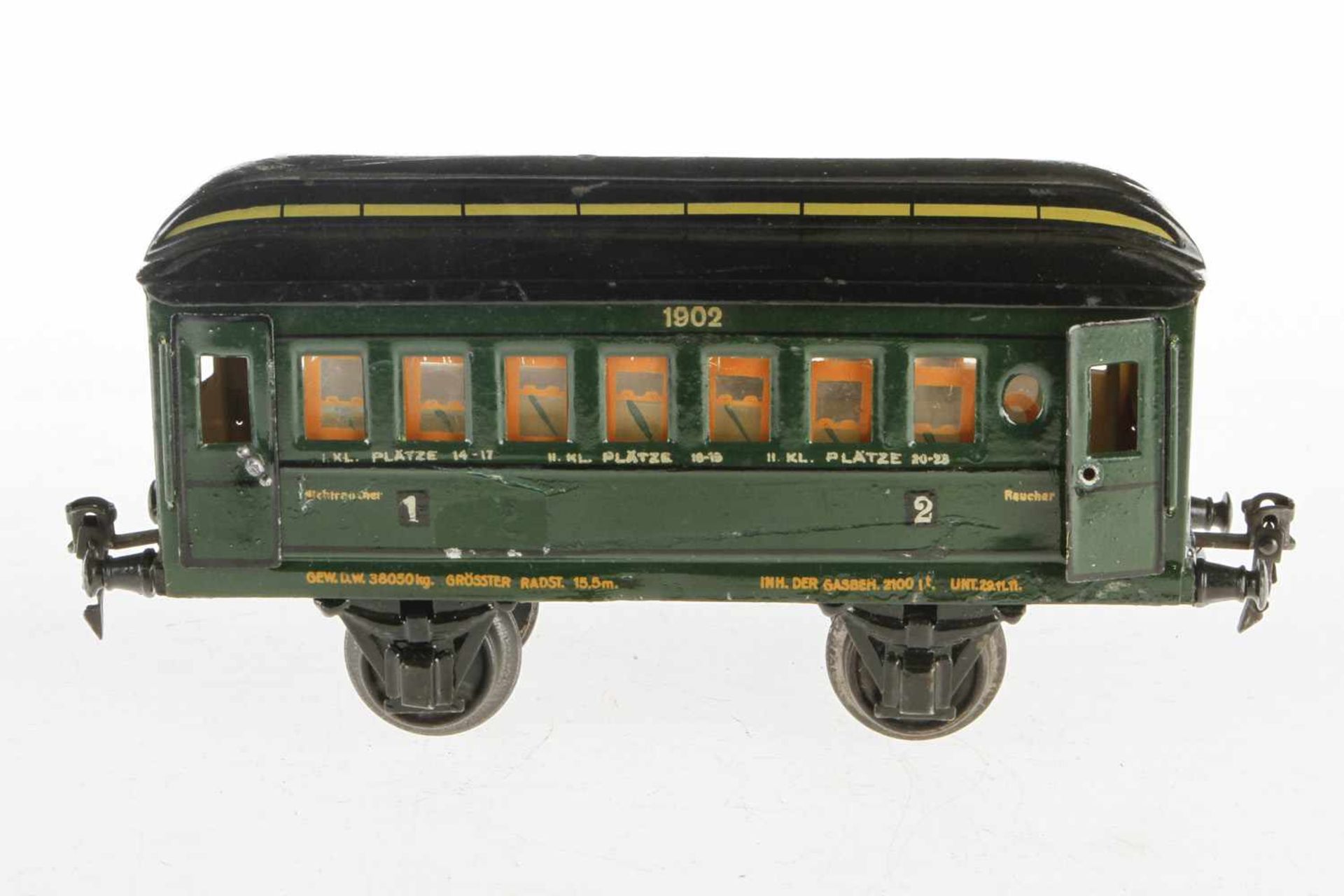 Märklin Personenwagen 1902, S 1, HL, 4 AT, 2A, ohne Inneneinrichtung, 1 Türgriff fehlt, Alterungs-