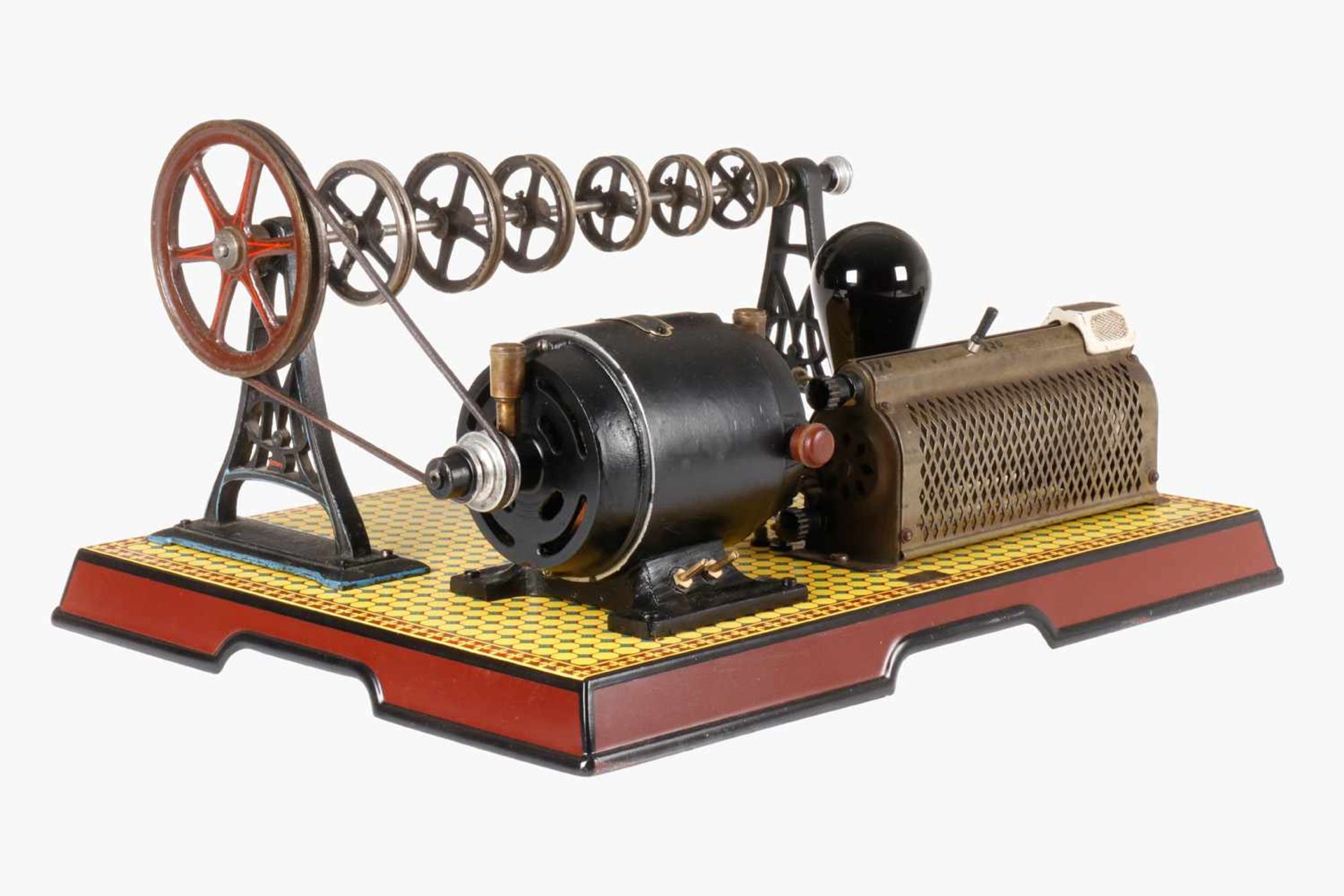 Größter Märklin Gussmotor, mit Regler und Kohlefadenlampe, 110/120 Volt, 300 Watt, auf Grundplatte