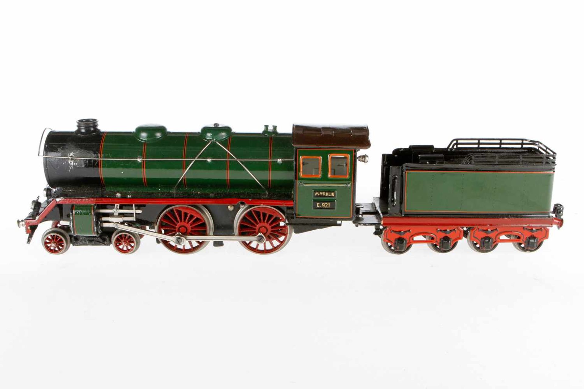 Märklin 2-B Dampflok E 921, S 1, Uhrwerk intakt, grün/schwarz, mit Tender und 2 imit. Stirnlampen,