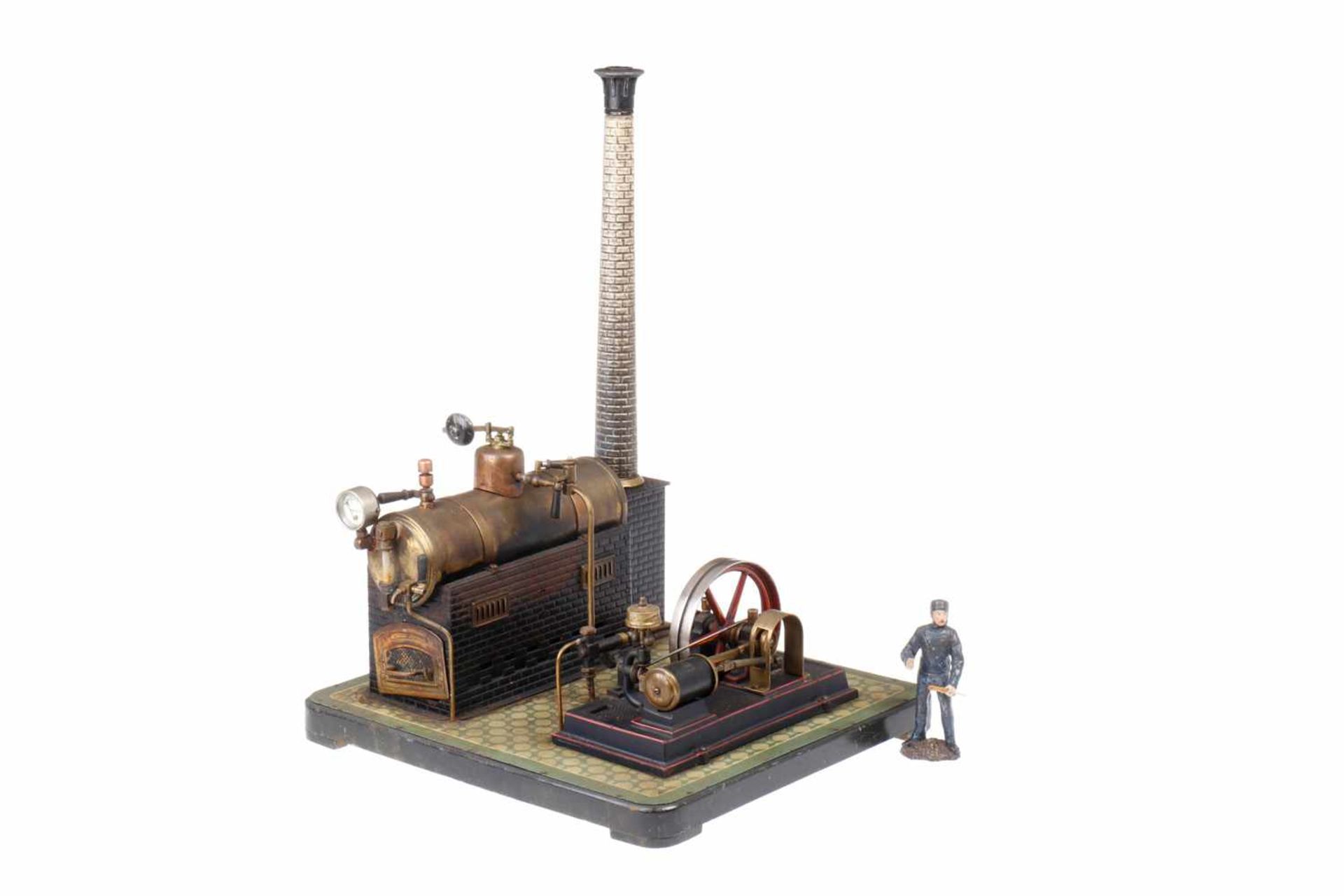 Bing Dampfmaschine, liegender Messingkessel, KD 7, mit Armaturen, Pfeife, Gewicht, Manometer und