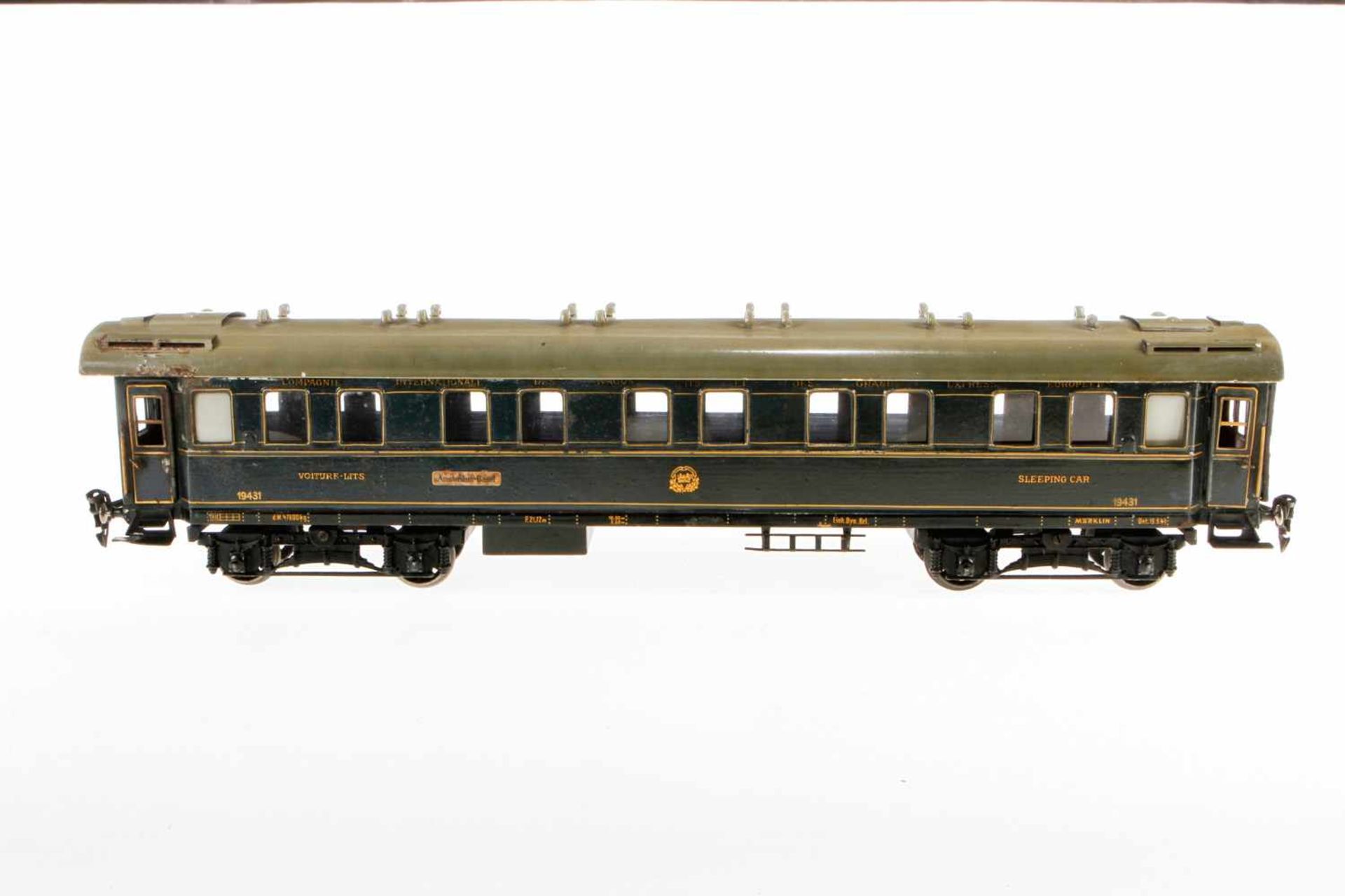 Märklin int. Schlafwagen 1943 J, S 1, blau, mit 4 AT, 2 Schildern und Gussrädern, 1 Dachlüfter